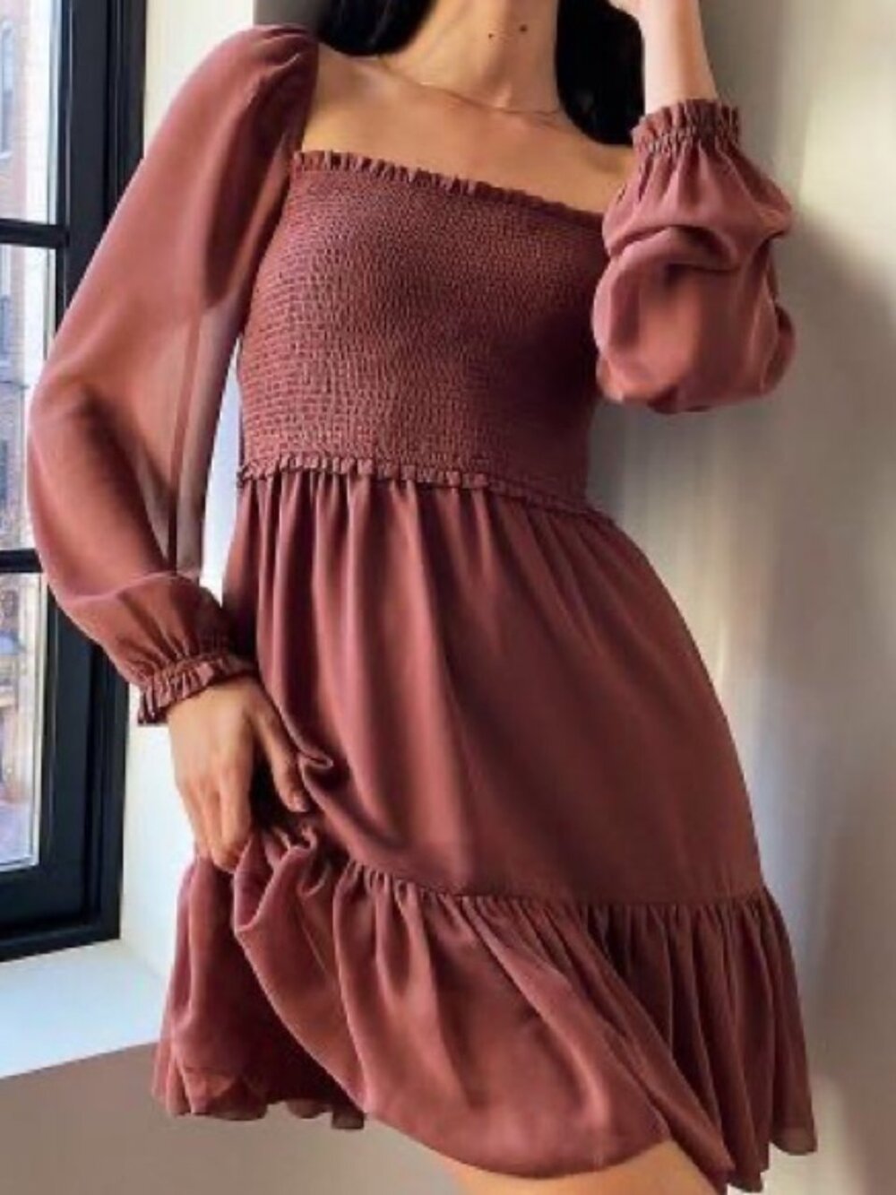 Aritzia Wilfred Tempest Mini Dress Smocked Chiffon Rose Mauve Floral Size Small